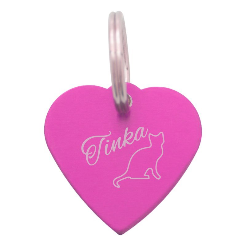 Tierplakette - Herz mit Gravur (pink, Katzenmotiv)