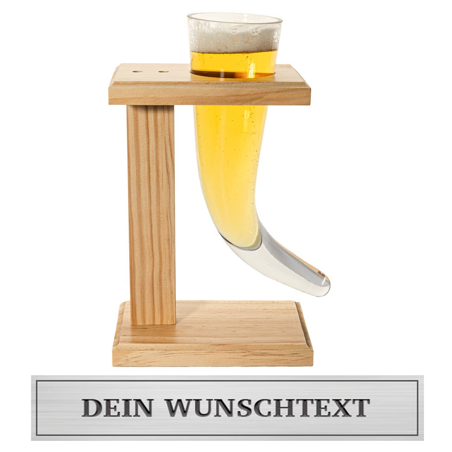 Trinkhorn mit Personalisierung - Trinkhorn aus Glas inkl. Holzständer - 500 ml Fassungsvermögen